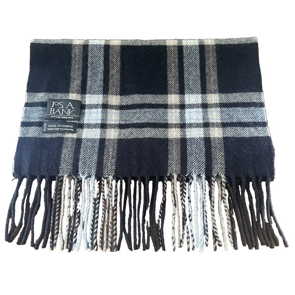 Jos A Bank 100% Cashmere Men’s Black Taupe Blue Plaid Scarf 58" x 12" Mens Gift - Picture 1 of 7